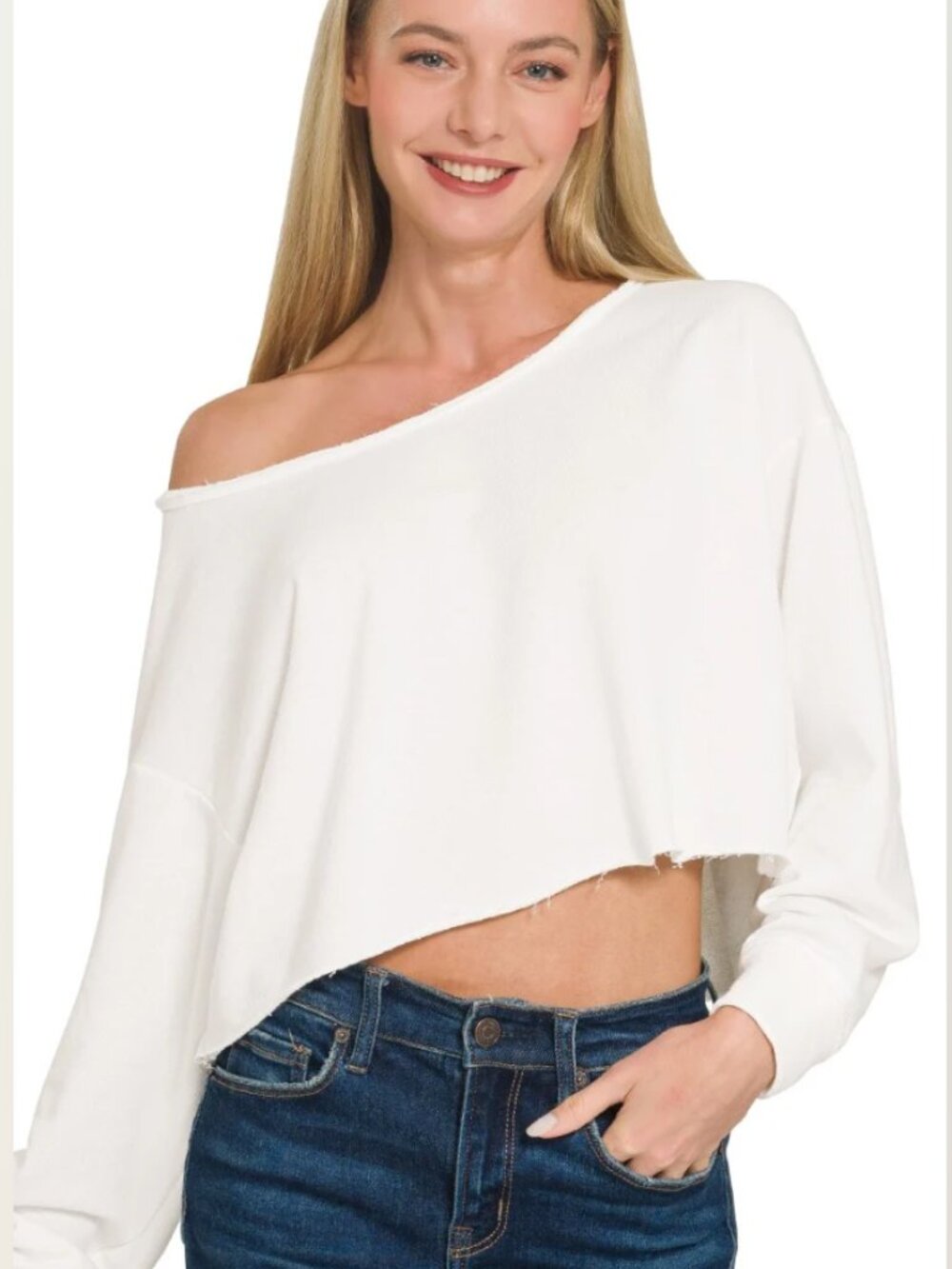 Zenana French Terry Boatneck Crop Top - Size Small